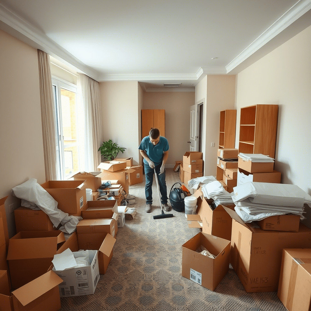 Man veegt vloer in volle kamer - SE And SAM Cleaning Service